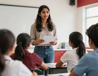A candid shot of a South Asian female teacher explaining a concept to students in a bright, modern classroom with white walls and red accents.