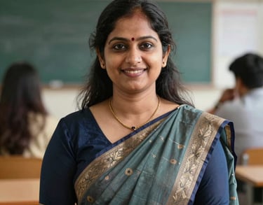 A professional portrait of a South Asian female faculty member in a modern classroom, smiling warmly. She wears formal attire suitable for an Indian educational institution.