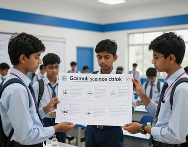 A photography shot of South Asian students in Gajraula during a science exhibition, displaying a project with pride. The setting is a clean, modern school hall with white and royal blue accents.