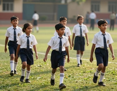 A group of South Asian children in clean school uniforms playing on a green school field in the afternoon sun. Vibrant, educational, and nurturing atmosphere.