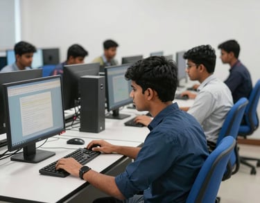 Students in a modern computer lab in India, using desktop computers. The room is bright with white walls and royal blue chairs.