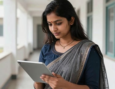 A female educator in a South Asian school setting, interacting with a tablet in a bright, white-walled corridor.