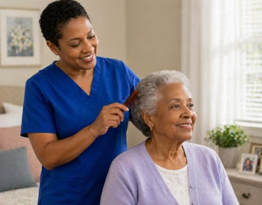 Caregiver in blue scrubs gently brushing senior woman's hair, providing personal care support with dignity and comfort