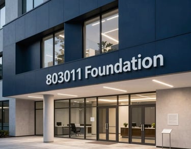 A professional interior photograph of the 803011 Foundation's headquarters in the US. The architecture is biophilic and modern, with a palette of navy, light grey, and white, signifying trust and innovation.