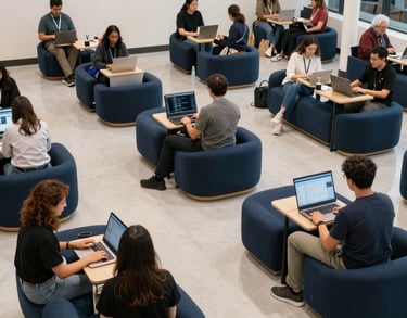 An impactful wide shot of a community digital hub in North America. Diverse groups of professionals and students are using innovative technology platforms in a space filled with light and modern navy blue furniture.