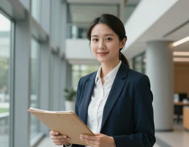 A professional portrait of a research coordinator in a modern North American academic setting. They are holding a folder, standing in a brightly lit hallway with architectural glass and grey accents.