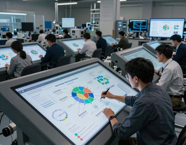 A high-resolution photograph of a modern research facility showing data scientists analyzing community development models on large, interactive touchscreens. The lighting is focused and professional.