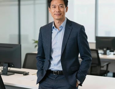 A professional portrait of an economic development specialist in a bright, modern US office. They are leaning against a clean white desk, looking professional and trustworthy. The lighting is natural and even.