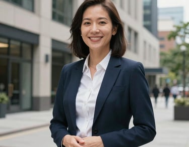 A professional portrait of a community outreach manager in a modern US urban setting. They are outdoors with modern architecture in the background, projecting a sense of community connection and professionalism.