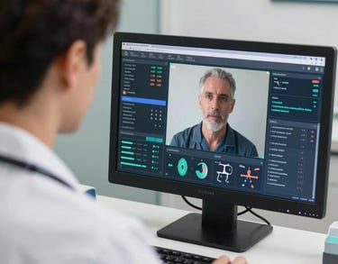 A close-up photograph of a telemedicine consultation in a modern US clinic. A healthcare provider is interacting with a patient via a high-definition screen showing medical data analytics in a professional setting.