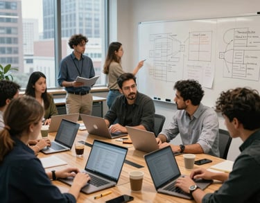 A vibrant photograph of a startup incubation lab in a North American city. Entrepreneurs are collaborating around a large wooden table with sleek laptops and whiteboards filled with strategic plans. The style is professional and energetic.