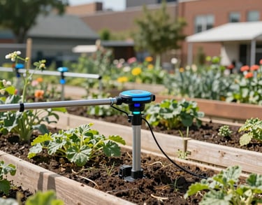 An outdoor photograph of a sustainable community garden in a North American urban area, featuring smart irrigation technology. The setting is bright and inspires confidence in green, tech-driven progress.