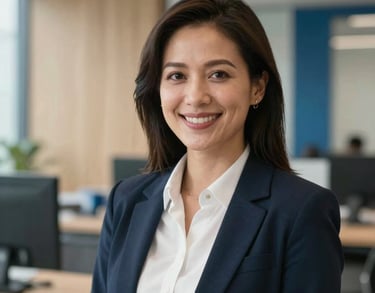 A professional headshot of a female health data analyst in a contemporary North American corporate environment. She is smiling confidently, dressed in professional attire. The background features light wood and blue accents.