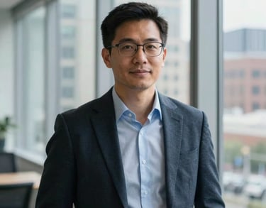 A professional portrait of a tech innovation lead in a modern US office. They are standing near a window with urban architecture in the background. The lighting is crisp and professional, emphasizing a forward-thinking mood.