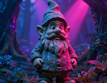 A detailed studio photograph of a classic stone forest gnome statue in the whimsical artistic style of an animated show. The gnome has a pointed hat and a full beard, reminiscent of folklore. The statue is situated in a dark forest setting, captured with dramatic 1980s synthwave style lighting with brilliant streams of vibrant neon pink and glowing neon purple illumination slicing through the mist and foliage. Rich dark blue shadows and vibrant retro colors evoke an ancient mystery vibe. Global / North American setting.