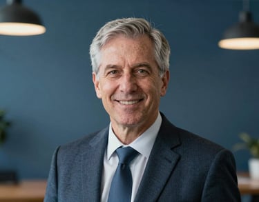 A sharp, professional headshot of a senior trustee in a modern North American office with slate blue background tones.