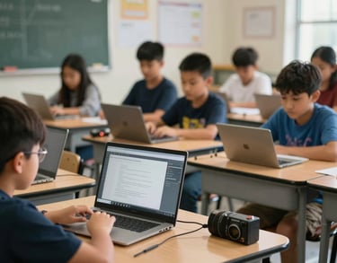 Documentary photography of a North American classroom where students are using new educational technology provided by a foundation, with natural lighting.