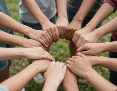 A close-up of a diverse group of hands joined in a circle, symbolizing collective wellbeing and unity, shot in a bright North American park setting.
