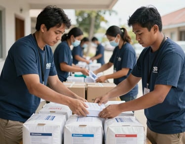 Action shot of humanitarian aid delivery in a US community, showing volunteers in professional gear organizing medical supplies. Palette: slate blue and tan.