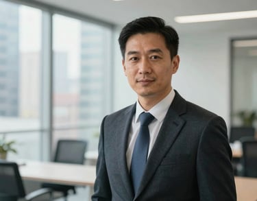 Professional headshot of an executive in a bright, modern office space in a US city. High-end photography style.