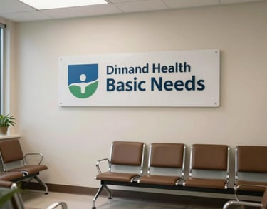 A professional image of a clean, modern health clinic waiting room in the US, signifying dignity in humanitarian welfare and basic needs.