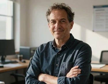 Candid professional portrait of a philanthropist in a sunlit workspace, reflecting commitment and integrity.