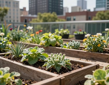 Clean, professional photograph of a community garden in an urban North American setting, representing local empowerment and sustainable health.