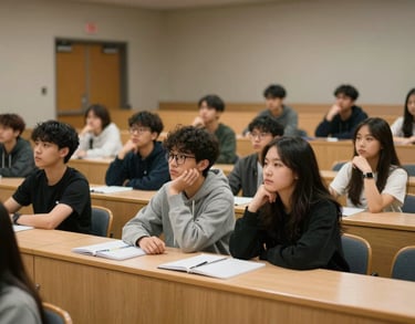 Photography of a lecture hall in a US university with students listening intently, representing knowledge access and critical thinking.