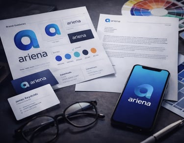 Branding materials with logo, color palette, and visual identity on print and mobile