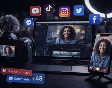 Video editing and social media content creation with laptop, camera, and mobile apps