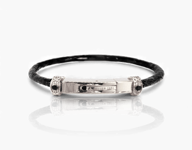 Elegant black leather cord bracelet for men featuring a polished silver bar clasp.