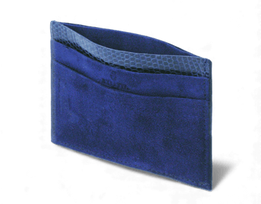 Luxury royal blue suede card holder with textured trim and multiple card slots.