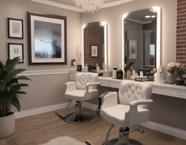 Cozy salon with leather salon chairs and mirrors with integrated lighting. Chandelier.