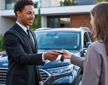 Convoyeur professionnel Convoi-rm remettant les clés d'une voiture à un client satisfait à domicile.