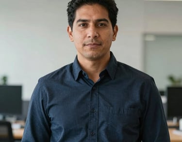 Portrait of a male South American logistics coordinator looking organized and capable, wearing a smart-casual outfit in a professional setting.