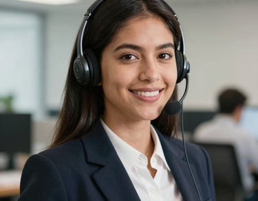 Portrait of a young South American female communications specialist, bright and professional look, blurred office background.