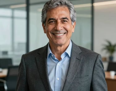 Professional portrait of a senior South American event director in business attire, smiling confidently in a modern glass-walled office background.