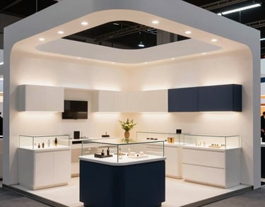 A luxury exhibition stand with modern white and navy blue furniture, high-end display cases, and soft glowing lights, professional South American trade fair environment.