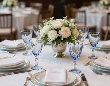 Elegant table setting for a corporate gala dinner, featuring blue crystal glasses, fine china, and white floral centerpieces in a sophisticated Brazilian venue.
