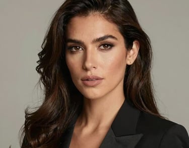 Portrait of a professional South American event stylist, looking creative and polished, neutral background.