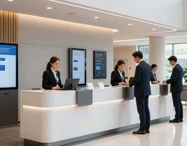 A modern reception area for a congress, featuring a sleek registration desk, digital kiosks, and professional staff assisting attendees in a bright foyer.