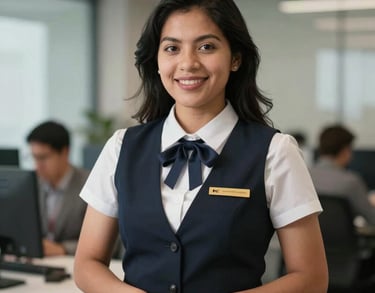 Portrait of a South American woman who is a professional venue manager, looking friendly and efficient, modern office setting.