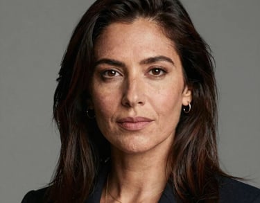 Professional headshot of a female South American creative director with an artistic and professional appearance, neutral studio background.