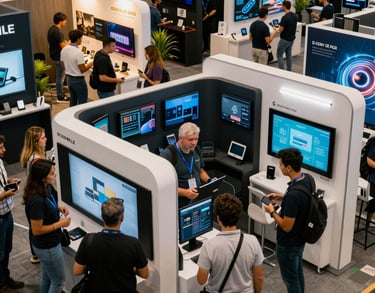 High-angle shot of a vibrant but organized tech exhibition floor in Brazil, people interacting at booths with digital screens and sleek designs.
