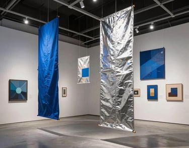A dynamic shot of a creative exhibition space with hanging installations and interactive walls, modern lighting design in shades of blue and silver.
