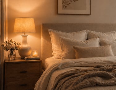 Cozy neutral bedroom with layered bedding and warm lighting