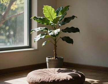A detailed photograph of a sunlit corner of a meditation room with a single green plant and a soil brown cushion, light filtering through branches outside.