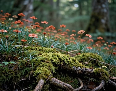 A soft-focus photograph of a North American forest floor with moss-covered roots and small terracotta-colored wildflowers, gentle dappled sunlight through leaves, peaceful and grounded mood.