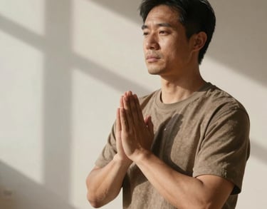 A North American practitioner in a serene indoor setting with soft shadows, wearing earthy tones, expressing a sense of quiet authenticity and practice.