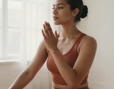 A North American individual in a peaceful pose in a bright room, soft natural light, warm terracotta and soil brown tones, feeling of empowerment and dignity.